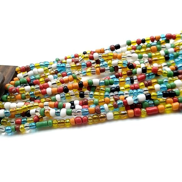 Glass Beaded Stretch Bracelet 14 Strand Wood Buckle Multi-colored - Picture 13 of 14